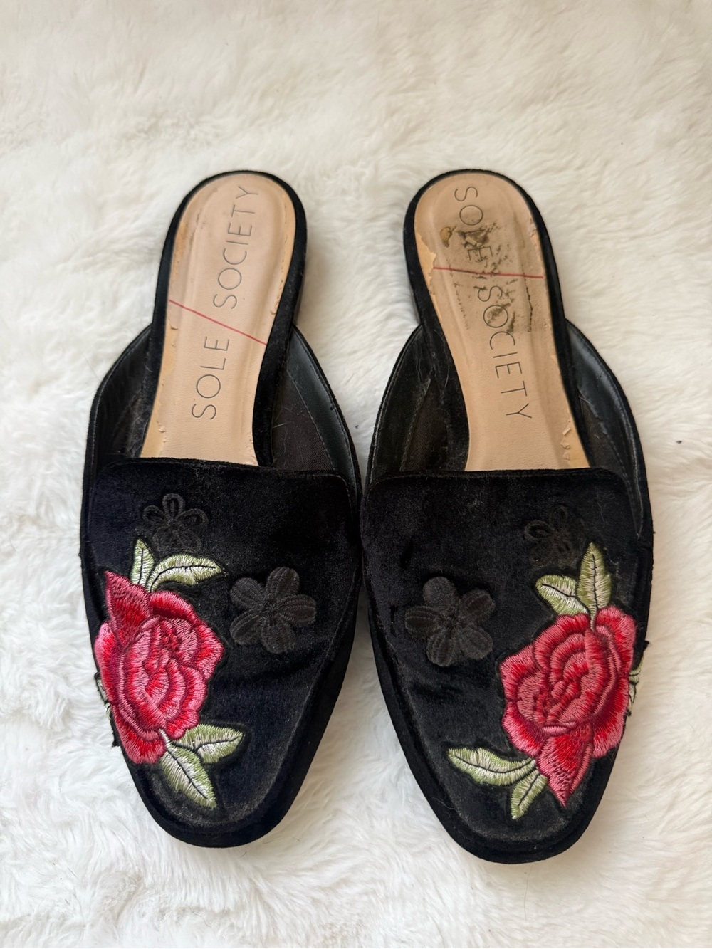 Sole Society Black Velvet Slide Mules with Red Rose Embroidery